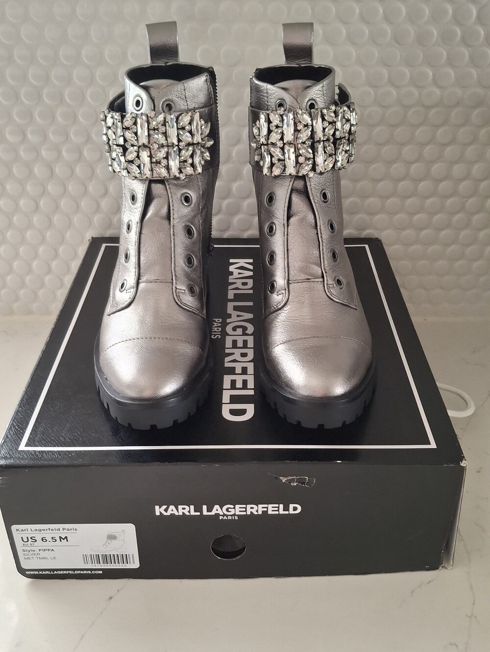 Karl Lagerfeld Paris Pippa Metallic Silver Crystal Combat Boots Size 6.5